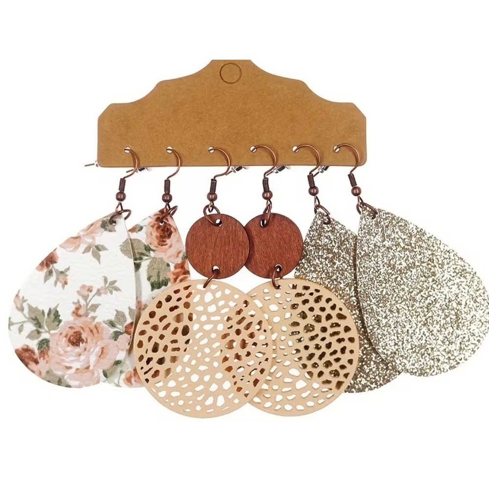 Earring Set Women OS Multicolor New 3 Pair Floral Wood Gold Glitter